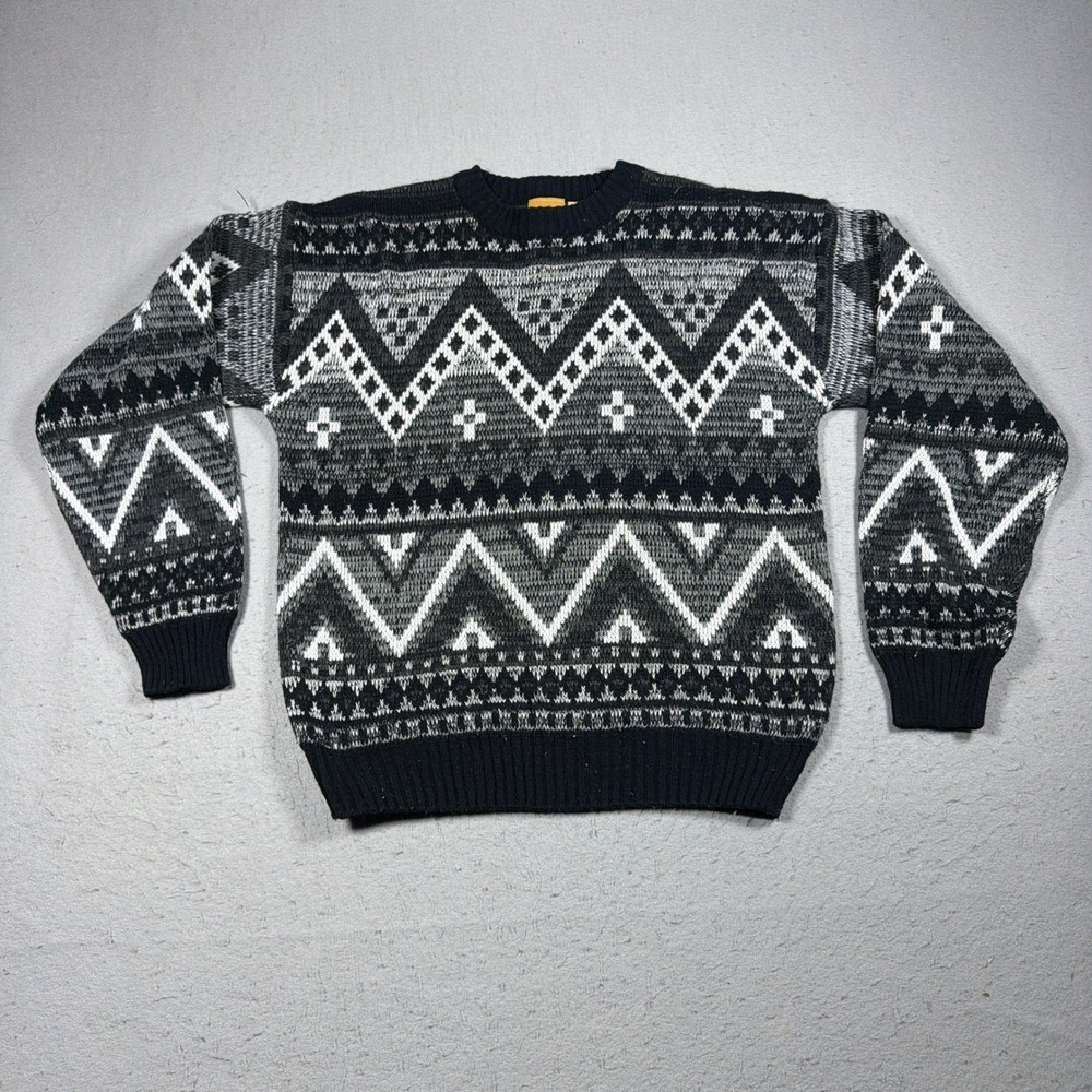 Vintage Sweater Men Medium Geometric Pattern Black White Gray Grandpa 80s Casual